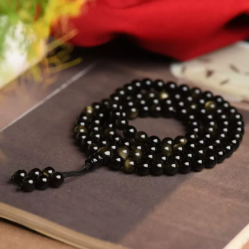 Mythstone 108 Mala Beads Natural Gold Sheen Obsidian Wealth Bracelet