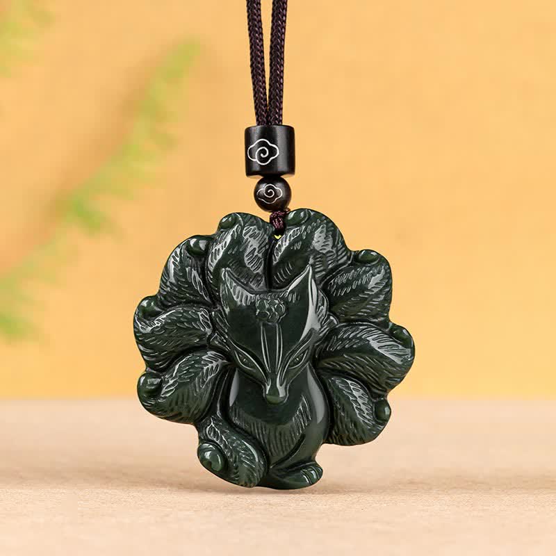 Mythstone Hetian Cyan Jade Nine Tailed Fox Luck Necklace String Pendant