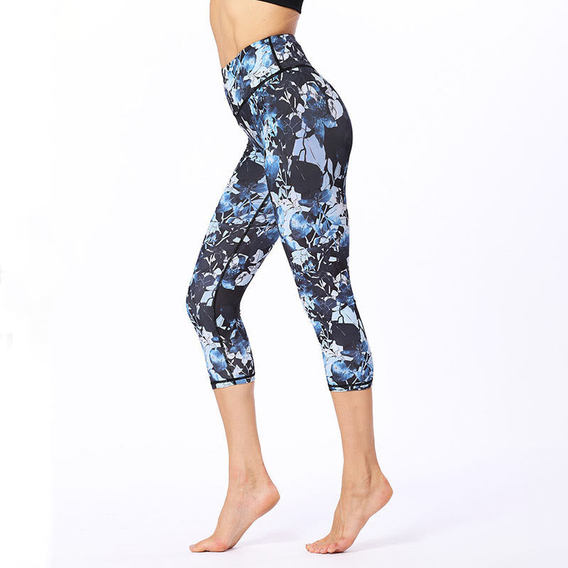 Mythstone Leaves Butterfly Print Sports Yoga Cropped Leggings Women's Yoga Capri Pants