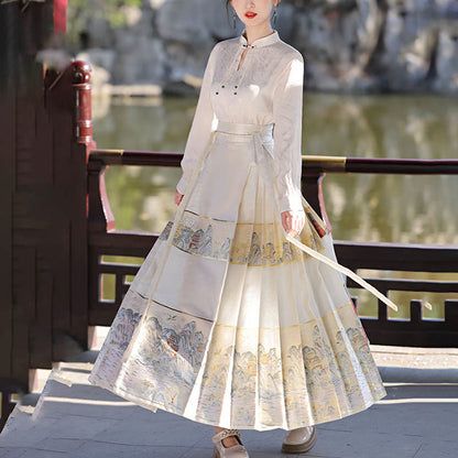 Mythstone Beige A Panorama of Rivers and Mountains Printed Chinese Hanfu Horse Face Skirt Mamianqun