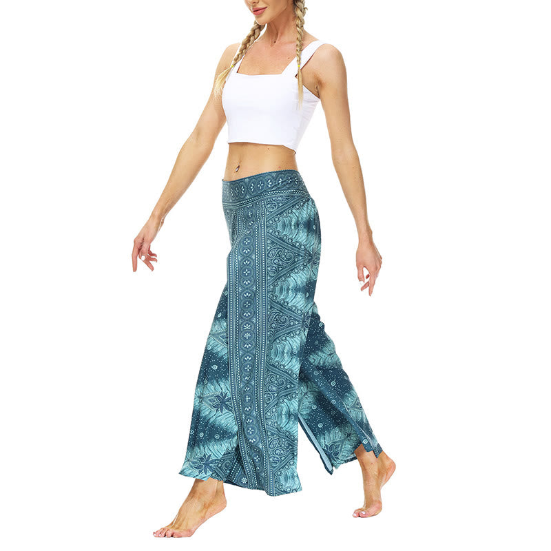 Mythstone Boho Geometric Feather Split Thigh Wide Leg Pants Sports Fitness Dance Women's Yoga Pants