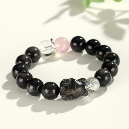 Mythstone Natural Silver Sheen Obsidian Cat Head Fox Planet Protection Bracelet