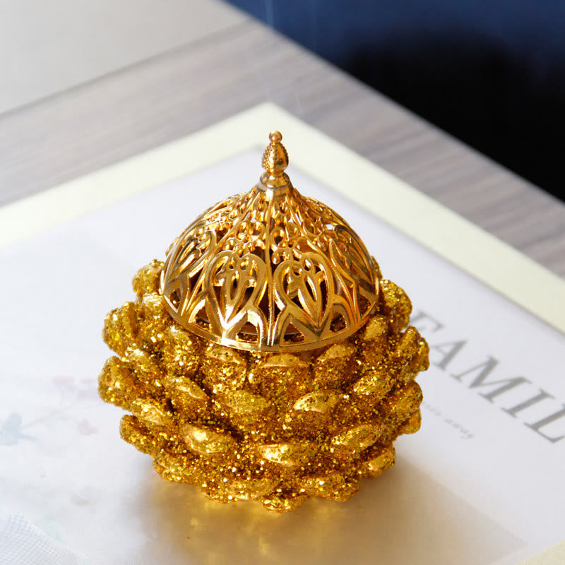 Mythstone Gold Pine Cone Pattern Spiritual Rituals Mini Incense Burner Home Tabletop Decor