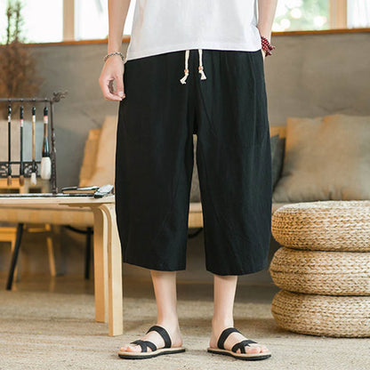 Mythstone Solid Color Mid-Length Wide Leg Pants Cotton Men's Wide Leg Pants With Pockets