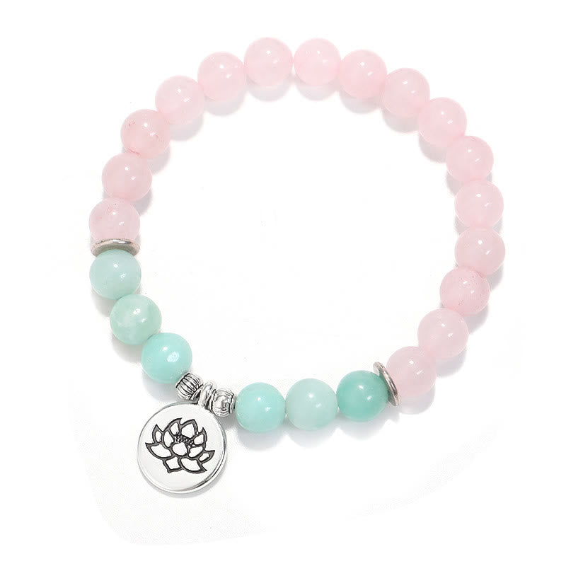 Mythstone Natural Pink Crystal Amazonite Lotus Buddha OM Symbol Warmth Bracelet