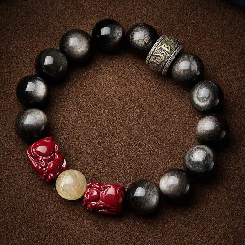 Mythstone Gold Sheen Obsidian PiXiu Cinnabar Om Mani Padme Hum Protection Bracelet