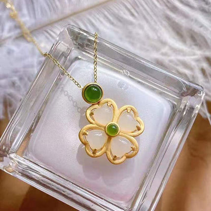 Mythstone 925 Sterling Silver Lucky Four Leaf Clover Jade Prosperity Necklace Chain Pendant