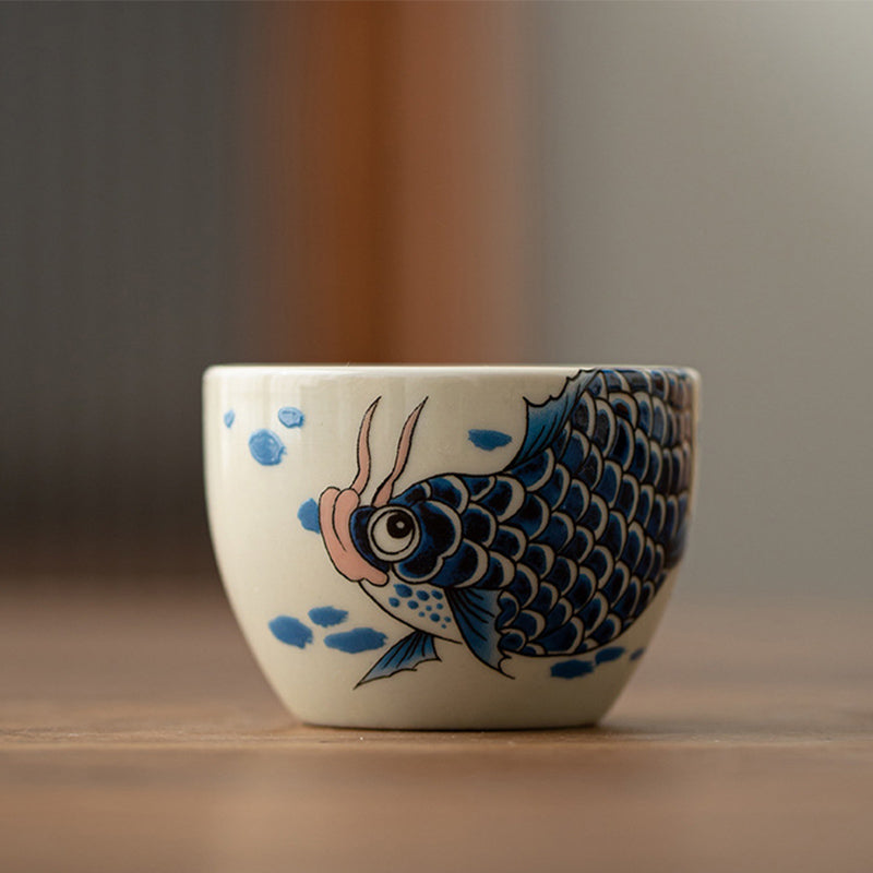 Mythstone Koi Fish Arowana Peony Sunflower Ceramic Teacup Kung Fu Tea Cup 60ml