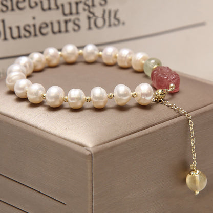 Mythstone Natural Pearl Strawberry Quartz PiXiu Optimism Charm Bracelet