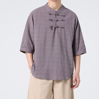 Mythstone Frog-Button Plaid Pattern Chinese Tang Suit Half Sleeve Shirt Cotton Linen Men Clothing