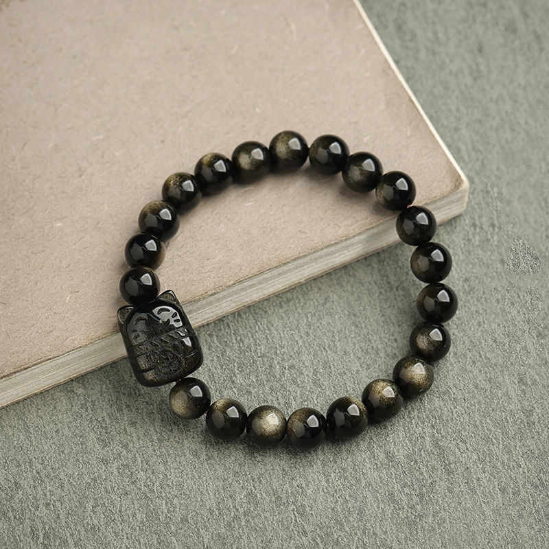 Mythstone Gold Sheen Obsidian Silver Sheen Obsidian Lovely Paw Lucky Cat Protection Bracelet