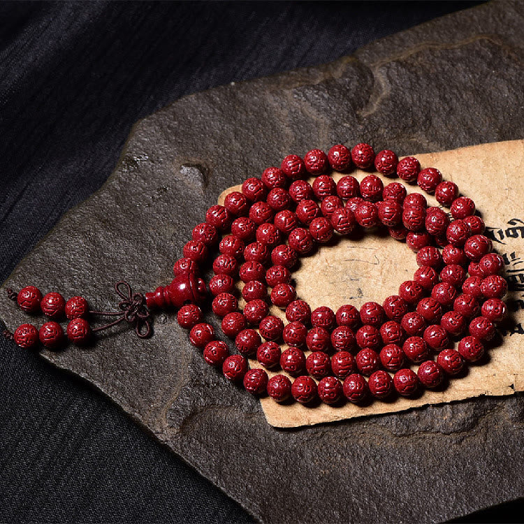 Mythstone 108 Mala Beads Cinnabar Om Mani Padme Hum Pattern Engraved Blessing Bracelet