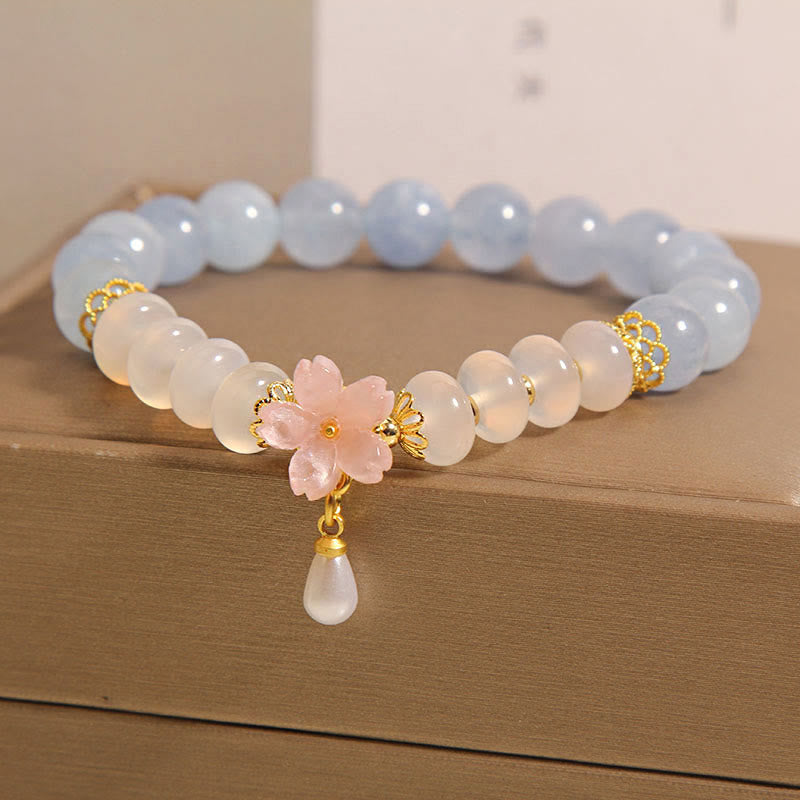 Mythstone Aquamarine White Agate Pearl Abacus Beads Flower Healing Bracelet