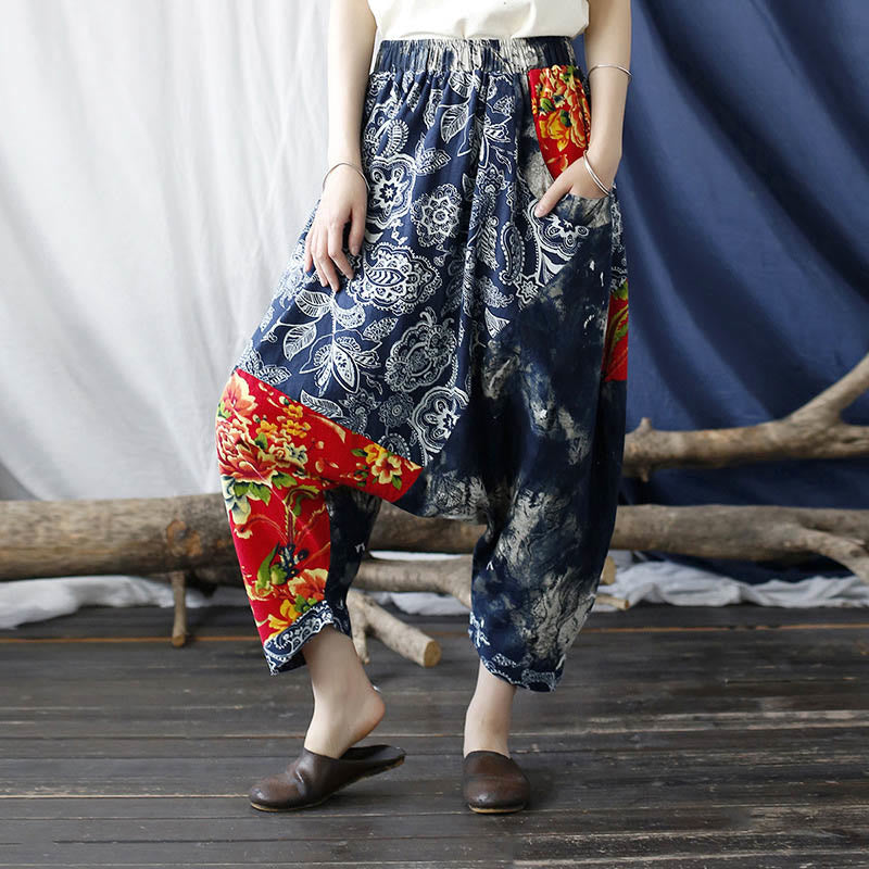 Mythstone Blue Red Peony Flowers Patchwork Cotton Linen Harem Pants With Pockets