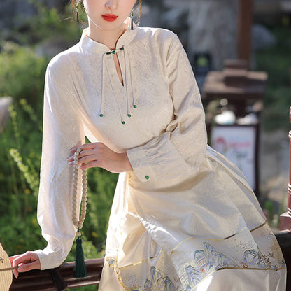 Mythstone Beige A Panorama of Rivers and Mountains Printed Chinese Hanfu Horse Face Skirt Mamianqun