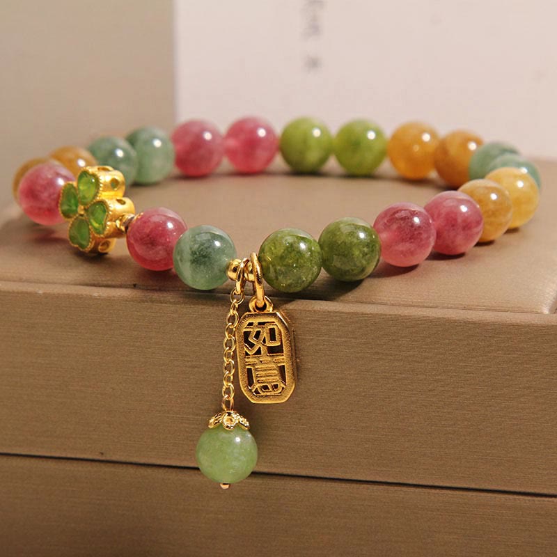 Mythstone Tourmaline Jade Colorful Four-leaf Clover Positive Bracelet