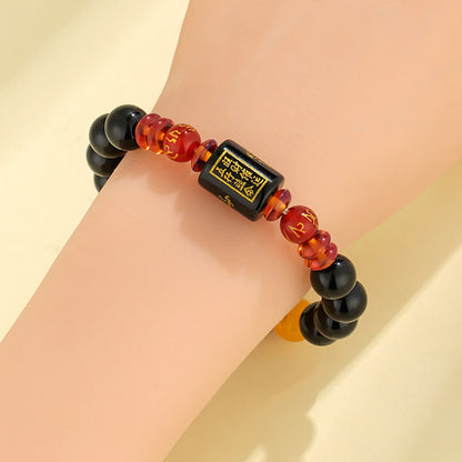 Pulsera de la sabiduría y la riqueza con ágata roja y ónix negro de cinco elementos Mythstone