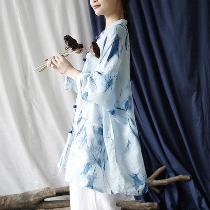 Mythstone Blue White Ink Printing Frog-button Design Long Sleeve Ramie Linen Jacket Shirt With Pockets