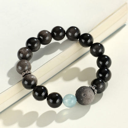 Mythstone Natural Silver Sheen Obsidian Cat Head Fox Planet Protection Bracelet