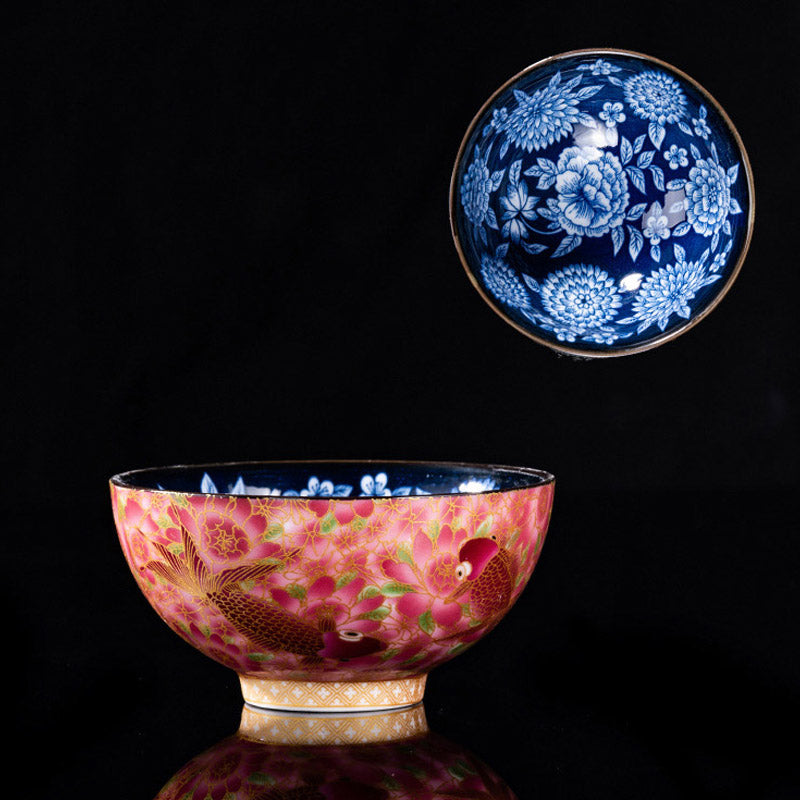 Mythstone Koi Fish Chrysanthemum Peony Flower Butterfly Ceramic Teacup Kung Fu Tea Cup Bowl 100ml