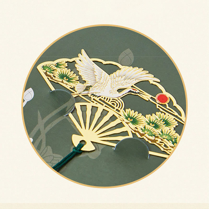 Mythstone Traditional Butterfly Lotus Flower Crane Dragon Phoenix Fox Koi Fish New Beginning Metal Brass Hollow Fan Bookmarks