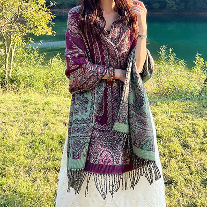 Mythstone Vintage Tibetan Leaves Pattern Design Shawl Cozy Travel Scarf Wrap