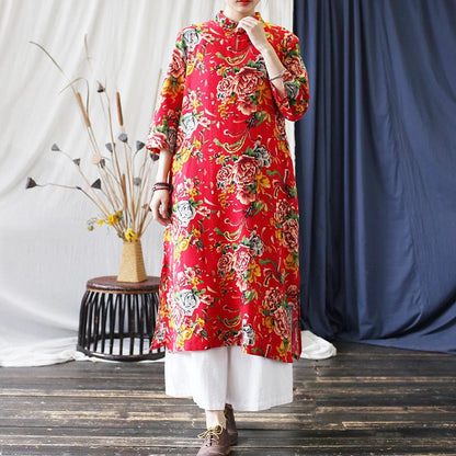 Mythstone Red Blue Peony Midi Dress Half Sleeve Cotton Linen Dress Wide Leg Pants With Pockets