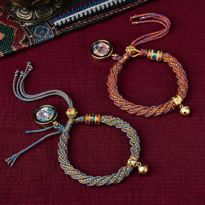 Mythstone Tibetan Handmade Luck Protection Thangka Prayer Wheel Bell Charm Braid String Bracelet