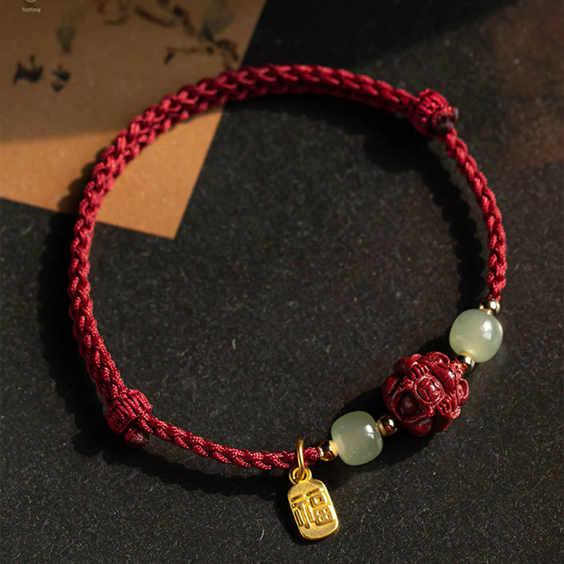 Mythstone Natural Cinnabar Chinese Zodiac Hetian Jade Fu Character Luck Rope Bracelet