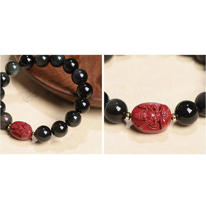 Mythstone Chinese Zodiac Natal Buddha Natural Black Obsidian Cinnabar Purification Bracelet