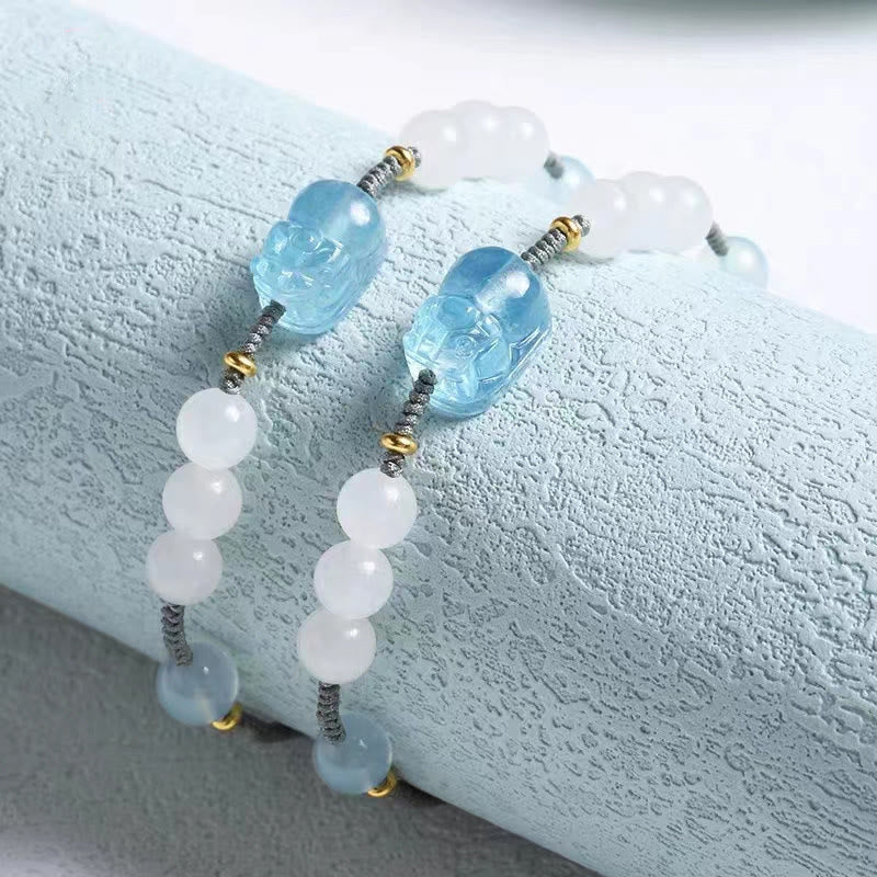 Mythstone Natural Aquamarine PiXiu Hetian White Jade Healing Bracelet