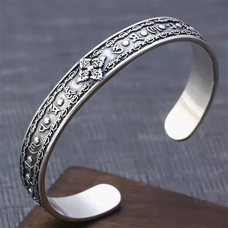 Mythstone 925 Sterling Silver Om Mani Padme Hum Double Dorje Engraved Wisdom Cuff Bracelet Bangle