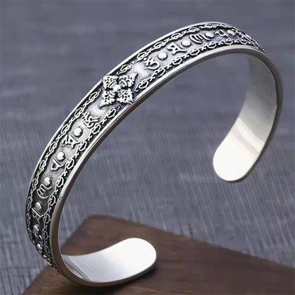 Mythstone 925 Sterling Silver Om Mani Padme Hum Double Dorje Engraved Wisdom Cuff Bracelet Bangle