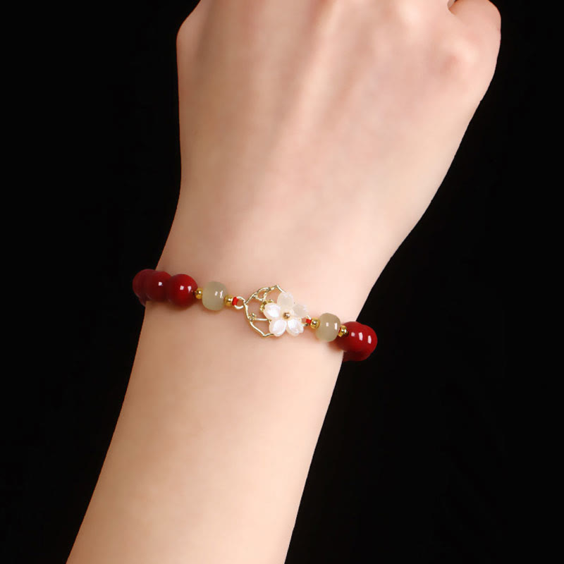 MythStone Natural Cinnabar Jade Beaded Tridacna Stone Flower Blessing Bracelet