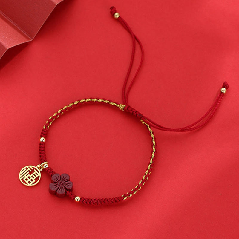 Mythstone Cinnabar Flower Fu Character Blessing Braided String Bracelet