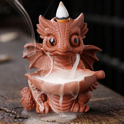 Mythstone Lovely Dinosaur Purple Clay Backflow Smoke Fountain Healing Incense Burner Decoration