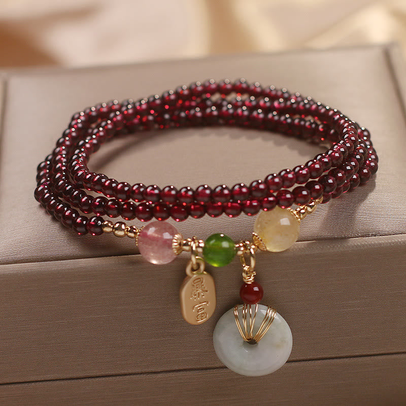 MythStone Natural Garnet Strawberry Quartz Crystal Fox Koi Fish Peace Buckle Fortune Protection Triple Wrap Bracelet