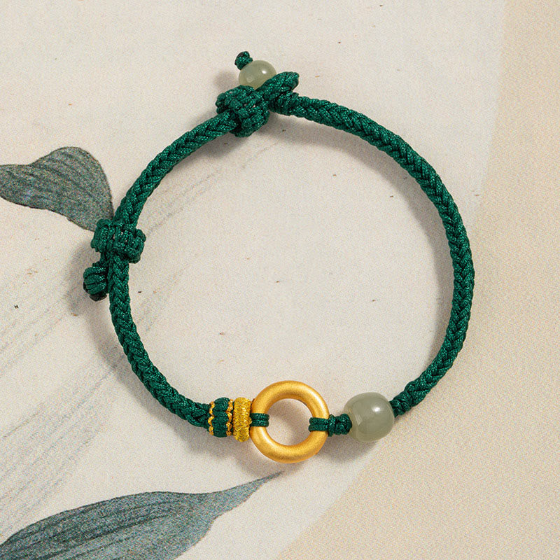 Pulsera trenzada de cuerda verde con cuentas de jade hetiano y hebilla de paz de plata esterlina 999 de Mythstone