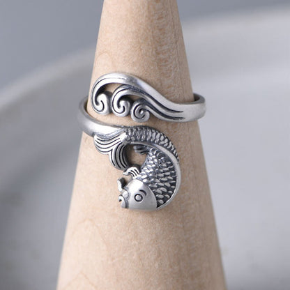 Mythstone 925 Sterling Silver Koi Fish Water Ripple Luck Wealth Ring