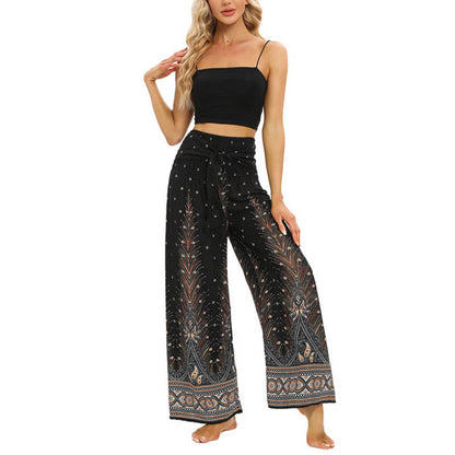 Mythstone Boho Peacock Feathers Lace-up Wide Leg Pants Women's Yoga Pants