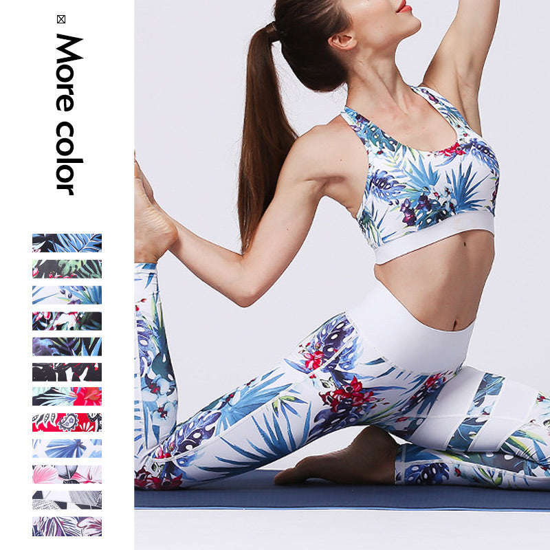 Mythstone 2Pcs Sunflower Flowers Leaves Print Top Pants Sports Fitness Yoga Women's Yoga Sets