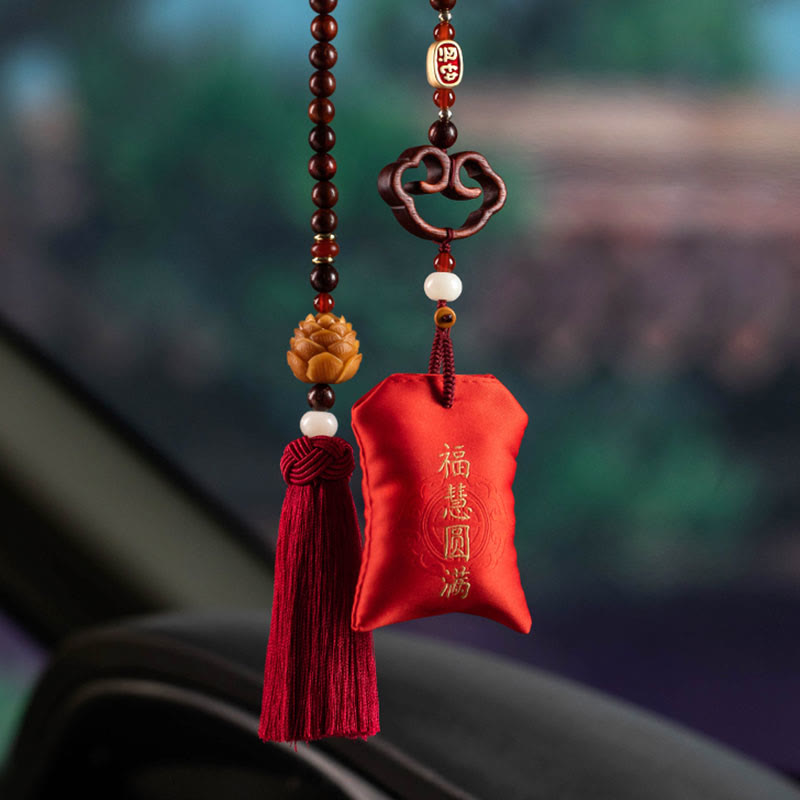 Mythstone Tibetan Small Leaf Red Sandalwood Lotus Cinnabar Sachet Protection Tassel Car Hanging Decoration