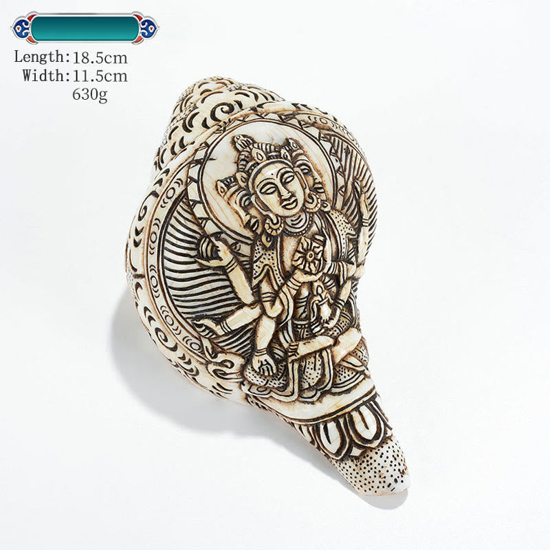 Mythstone Tibetan Handmade Engraved Shankha Buddha Avalokitesvara Conch Shell Wealth Decoration