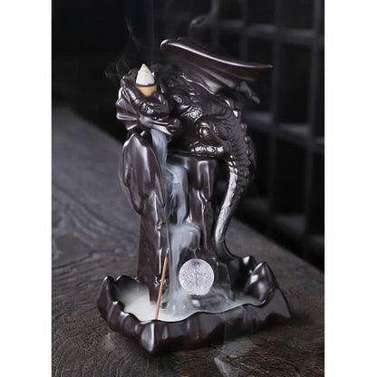 Mythstone Nordic Dragon Ceramic Backflow Smoke Fountain Meditation Healing Incense Burner Led Ball Decoration