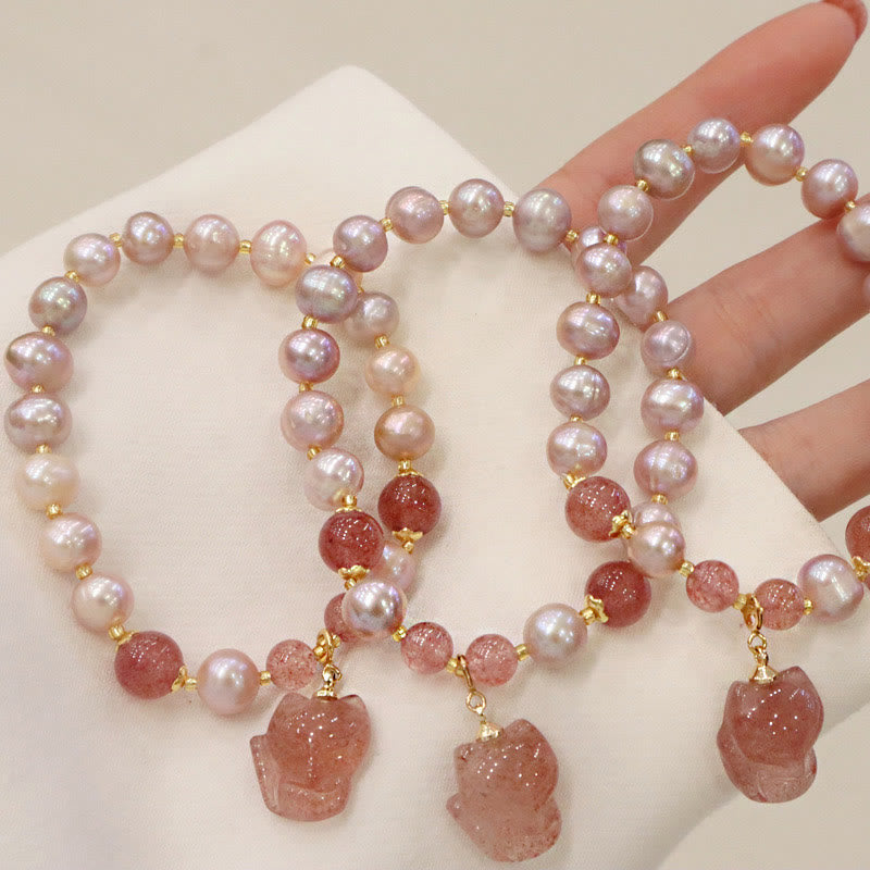 Mythstone Natural Pearl Strawberry Quartz Cute Fox Love Healing Charm Bracelet