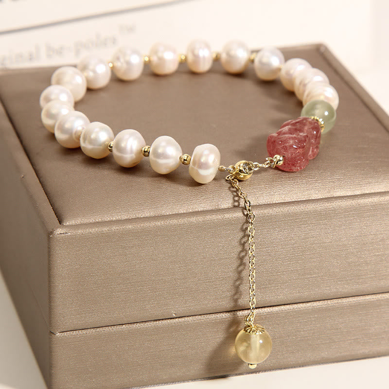 Mythstone Natural Pearl Strawberry Quartz PiXiu Optimism Charm Bracelet