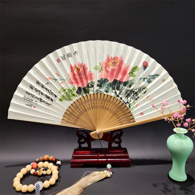 Mythstone A Panorama Of Rivers And Mountains Cranes Orchid Flower Paper Bamboo Handheld Silk Bamboo Folding Fan 22cm