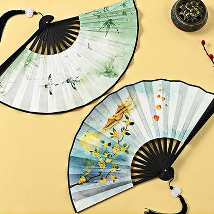 Mythstone Vintage Phoenix Nine-Tailed Fox Flower Bamboo Tiger Handheld Folding Fan Lotus Tassel Fan