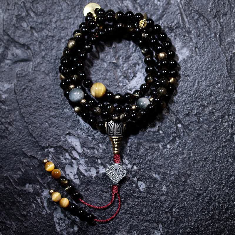 Mythstone 108 Mala Beads Gold Sheen Obsidian Tiger Eye Eagle's Eye Stone Wealth Bracelet