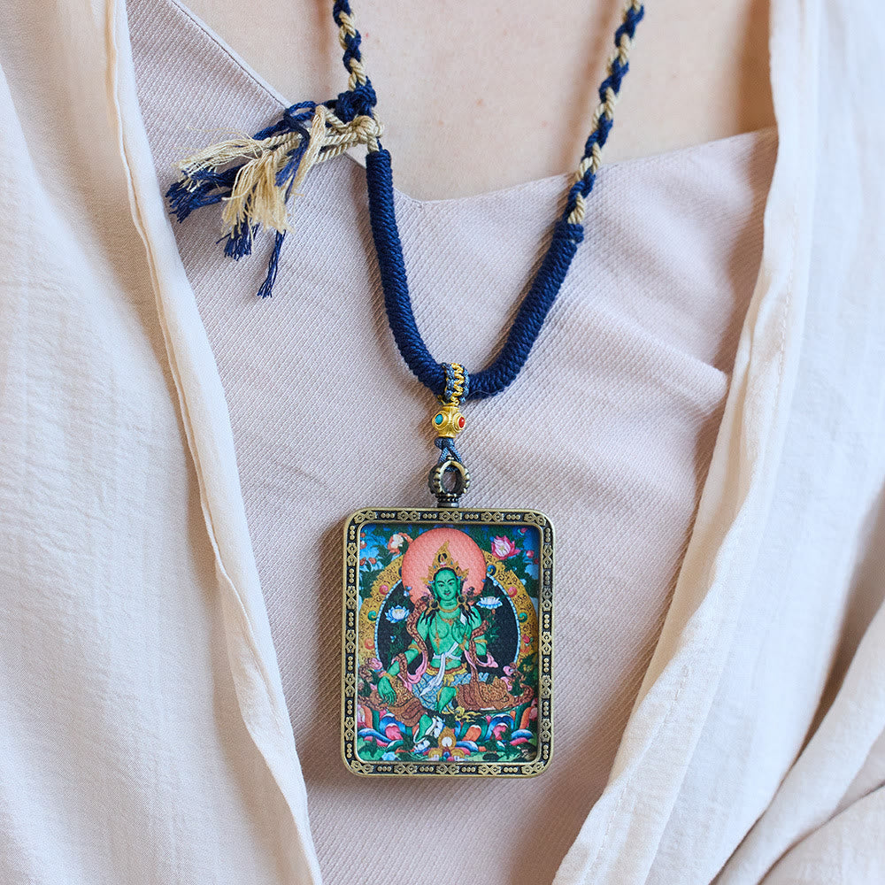 Mythstone Tibetan Green Tara Hand-Painted Thangka Buddha Protection Necklace Pendant